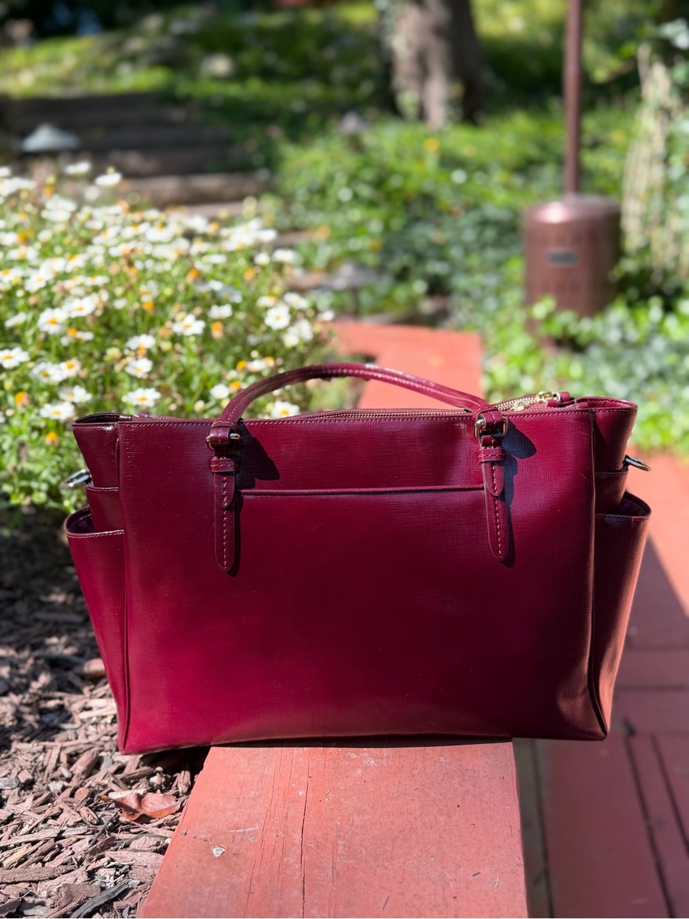 Coach Saffiano Patent Leather Triple Compartment Carryall Tote- Burgundy Merlot - Picture 2 of 16